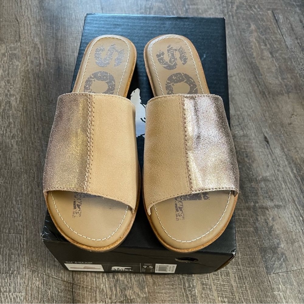 Sorel Ella Block Slide sandals metallic tan